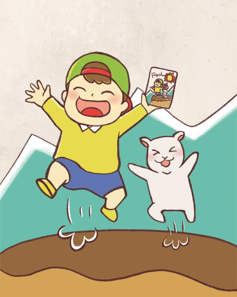 カードを持ったフールくんと犬